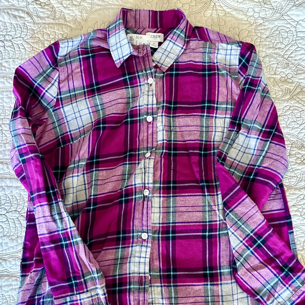 J. Crew flannel shirt, BNWT, fuschia/light blue, size S
